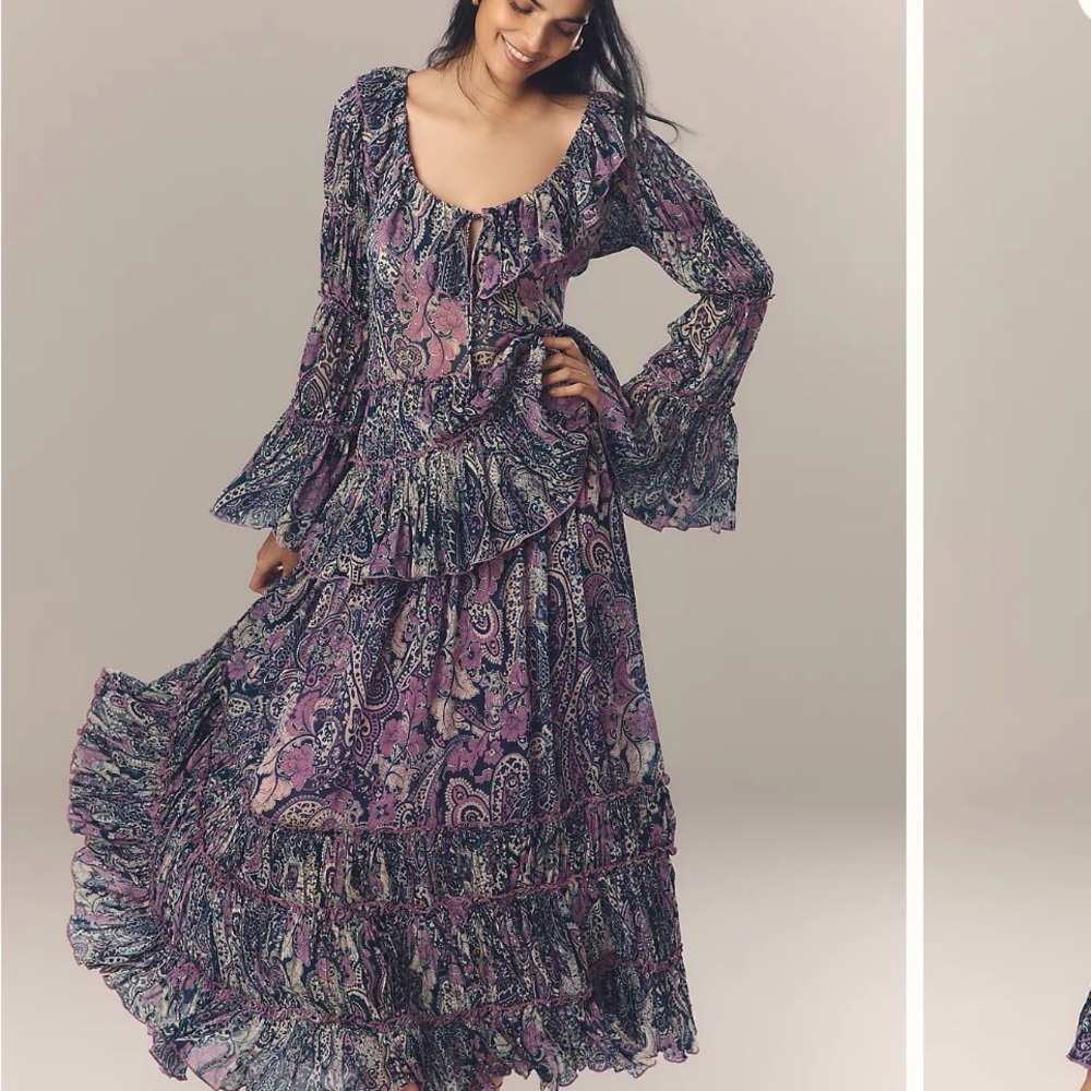 Anthropologie Bohemian Ruffled Paisley Maxi Skirt & Top Set Purple Size Small